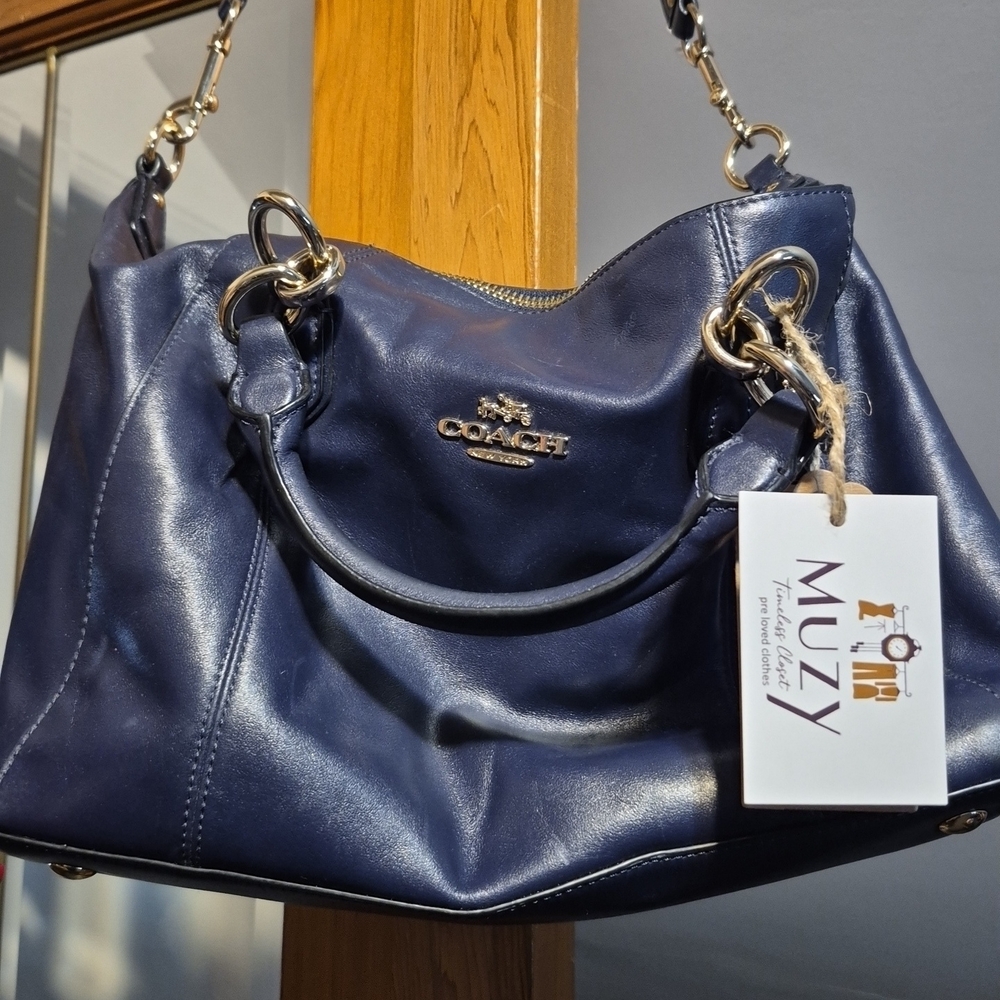 Coach Navy Leather Shoulder Bag with Gold Hardware